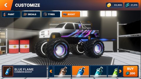 Truck customisation screen showing a colourful truck with Blue Flame boost selected