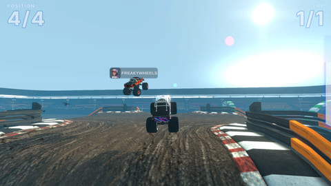 Multiplayer trucks jumping over a muddy stadium circuit