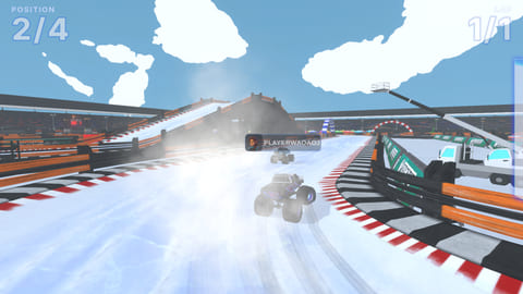 Trucks drifting through a snowy stadium circuit