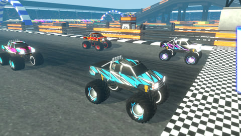 Four customised trucks lined up ready to race