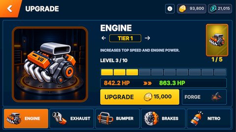Engine upgrade screen showing upgrade cards, engine power and performance tiers