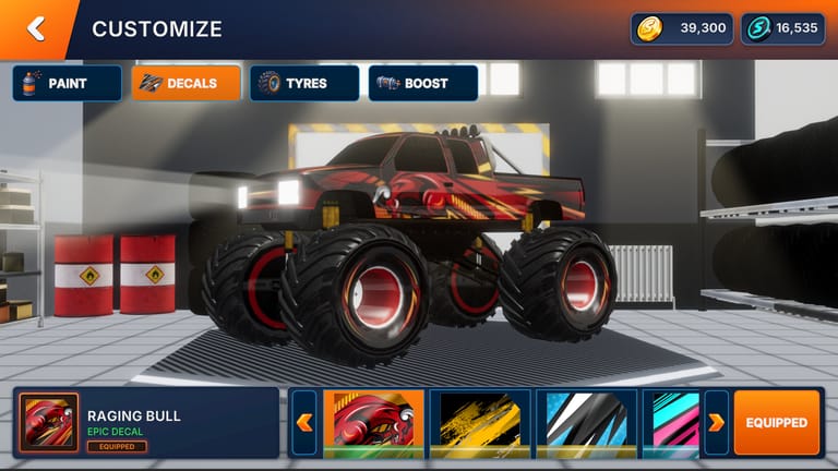 In-game truck customisation screen showing paint, decals, tyres and boost options