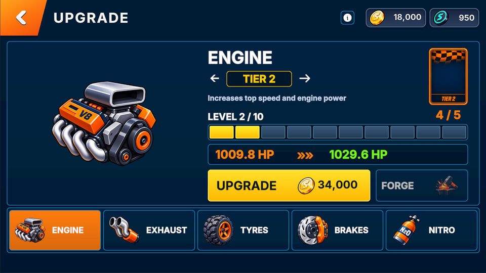 In-game engine upgrade screen showing upgrade cards and performance tiers